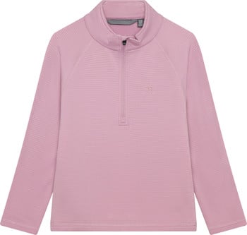 Rosa Kinderpullover mit kurzem Reißverschluss und Logo auf der Brust.