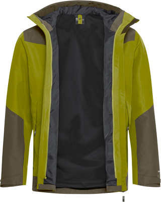 Grüne Jacke mit braunen Einsätzen und schwarzem Futter, geöffnet. Grüne Jacke mit braunen Einsätzen und schwarzem Futter, geöffnet.