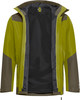 Grüne Jacke mit braunen Einsätzen und schwarzem Futter, geöffnet.