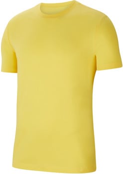 Ein gelbes Herren-T-Shirt mit kurzen Ärmeln, von vorne gezeigt.