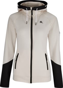 Beige Damenjacke mit schwarzen Details und Kapuze, Reißverschluss.