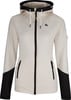 Beige Damenjacke mit schwarzen Details und Kapuze, Reißverschluss.