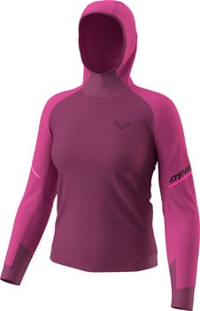 Violettes Damen-Kapuzensweatshirt mit langen Ärmeln und Dynafit-Logo.