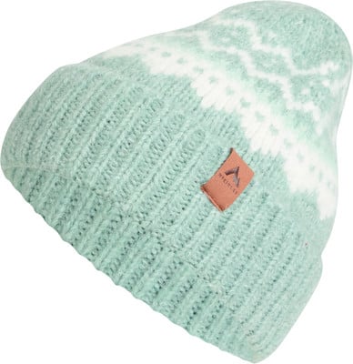 Mintgrüne Strickmütze mit weißem Norwegermuster und Lederetikett. Mintgrüne Strickmütze mit weißem Norwegermuster und Lederetikett.