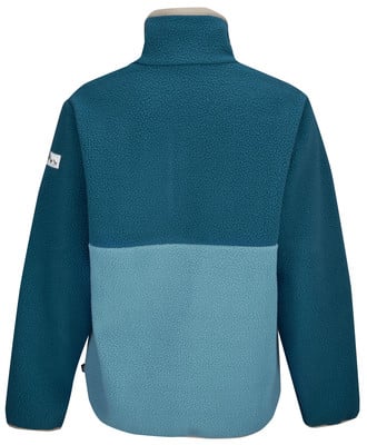 Grüne Fleecejacke mit beigem Kragen und zweifarbigem Design.