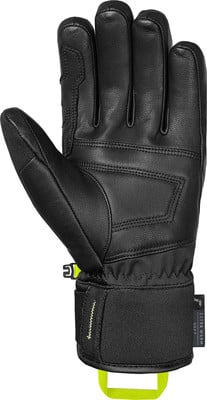 Schwarze Lederhandschuhe mit Nähten und reflektierenden Elementen.