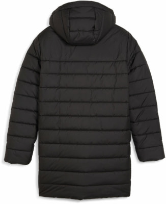 Schwarze gesteppte Kapuzenjacke von hinten gezeigt. Schwarze gesteppte Kapuzenjacke von hinten gezeigt.