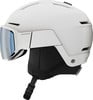 Ein weißer Salomon Skihelm mit integrierter Skibrille und verstellbarem Riemen.
