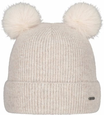 Hellbeige Strickmütze mit zwei Bommeln und einem kleinen Metalldetail.