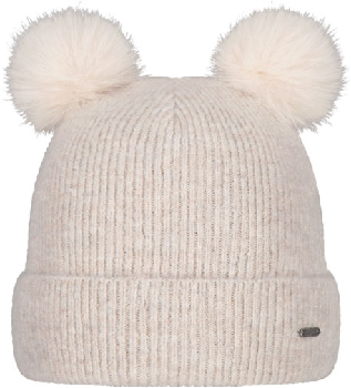 Hellbeige Strickmütze mit zwei Bommeln und einem kleinen Metalldetail.