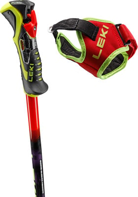 Ein Leki Skistock mit rotem Griff und Handschlaufe. Ein Leki Skistock mit rotem Griff und Handschlaufe.