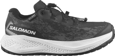 Schwarzer Salomon Laufschuh mit weißer Sohle und Schnellverschluss. Schwarzer Salomon Laufschuh mit weißer Sohle und Schnellverschluss.