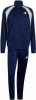 Ein blauer Adidas Trainingsanzug mit beige Streifen und Logo.