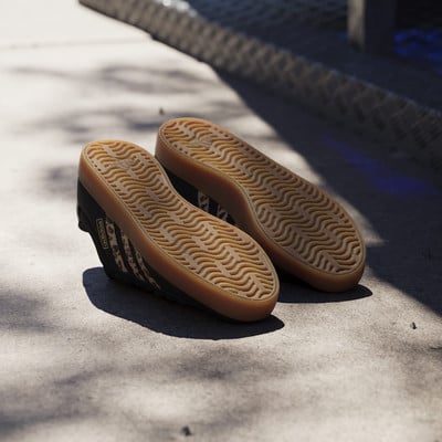 Két leopárdmintás Adidas cipő gumitalppal betonon.