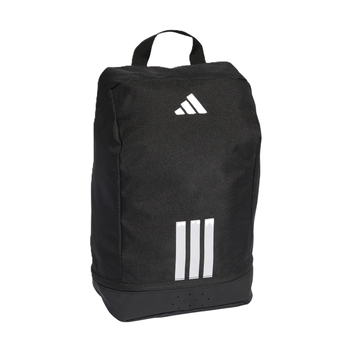 Schwarze Adidas Schuhtasche mit Logo und drei Streifen.