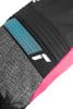 Nahaufnahme eines Handschuhs mit blauen Streifen und Logo.