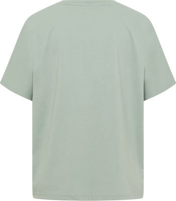 Rückseite eines hellgrünen kurzärmeligen T-Shirts, lockerer Schnitt.