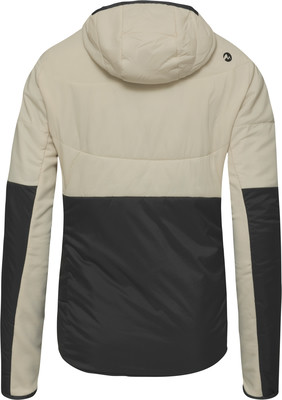Rückansicht einer beigen Jacke mit schwarzem Unterteil und Logo. Rückansicht einer beigen Jacke mit schwarzem Unterteil und Logo.