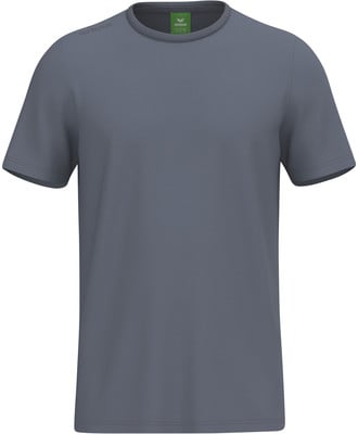 Graues T-Shirt mit kurzen Ärmeln und Rundhalsausschnitt, Logo auf der Schulter. Graues T-Shirt mit kurzen Ärmeln und Rundhalsausschnitt, Logo auf der Schulter.