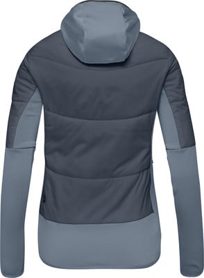Rückansicht einer dunkelblauen Steppjacke mit Kapuze und grauen Fleeceärmeln. Rückansicht einer dunkelblauen Steppjacke mit Kapuze und grauen Fleeceärmeln.