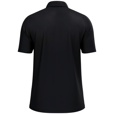 Rückansicht eines schwarzen Poloshirts mit kurzen Ärmeln.