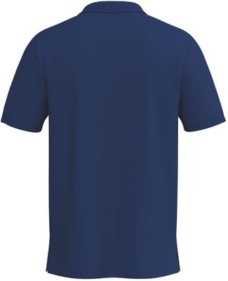 Rückansicht eines dunkelblauen kurzärmeligen Poloshirts. Rückansicht eines dunkelblauen kurzärmeligen Poloshirts.