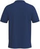 Rückansicht eines dunkelblauen kurzärmeligen Poloshirts.