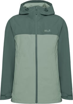 Grüne Damenjacke von Jack Wolfskin mit Kapuze und zwei Farbflächen.