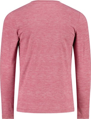 Rückansicht eines rosa Langarmshirts aus Melange-Material. Rückansicht eines rosa Langarmshirts aus Melange-Material.