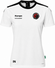 Weißes Damen-T-Shirt mit schwarzem Kragen und Vereinslogo.