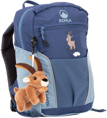 Blauer Rucksack mit Plüschziege und Gemse-Aufdruck.