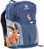 Blauer Rucksack mit Plüschziege und Gemse-Aufdruck.