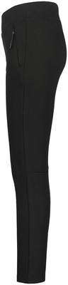 Schwarze Damenhose mit Reißverschlusstasche in der Taille.