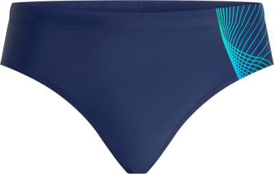 Marineblaue Badehose mit blaugrünem geometrischem Muster an der Seite. Marineblaue Badehose mit blaugrünem geometrischem Muster an der Seite.