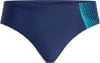 Marineblaue Badehose mit blaugrünem geometrischem Muster an der Seite.