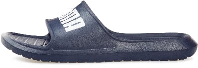 Dunkelblaue Puma-Herren-Badeschlappe mit weißem Logo. Dunkelblaue Puma-Herren-Badeschlappe mit weißem Logo.