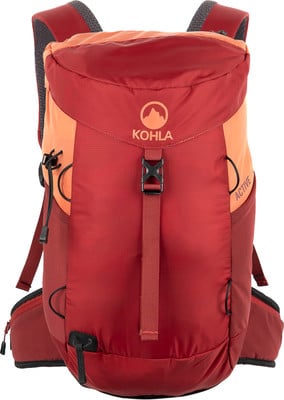 Rucksack in Rot mit orangen Akzenten und Kohla-Logo. Rucksack in Rot mit orangen Akzenten und Kohla-Logo.