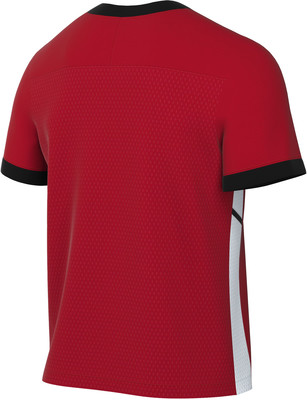 Rückseite eines roten T-Shirts mit schwarzem Kragen und schwarzen Ärmelbündchen. Rückseite eines roten T-Shirts mit schwarzem Kragen und schwarzen Ärmelbündchen.