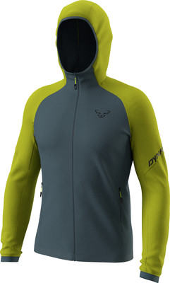 Graue Herrenjacke mit Kapuze, gelben Ärmeln und Dynafit-Logo. Graue Herrenjacke mit Kapuze, gelben Ärmeln und Dynafit-Logo.