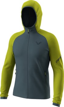 Graue Herrenjacke mit Kapuze, gelben Ärmeln und Dynafit-Logo.
