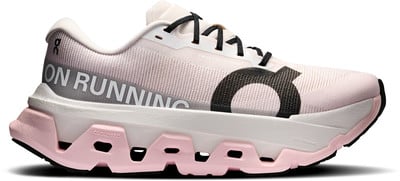Ein rosafarbener Laufschuh mit schwarzem Logo und weißem Schriftzug. Ein rosafarbener Laufschuh mit schwarzem Logo und weißem Schriftzug.