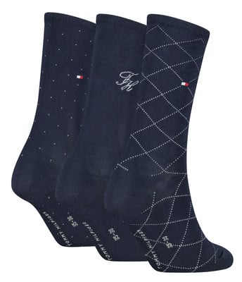 Három sötétkék Tommy Hilfiger zokni, különböző mintákkal. Három sötétkék Tommy Hilfiger zokni, különböző mintákkal.