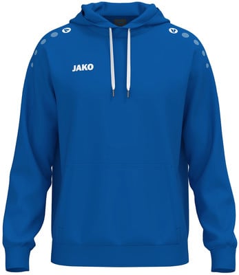 Blauer Kapuzenpullover mit weißem JAKO-Logo auf der Brust. Blauer Kapuzenpullover mit weißem JAKO-Logo auf der Brust.