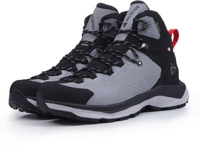 Herren-Wanderschuhe von Dachstein in Grau und Schwarz mit roter Schlaufe. Herren-Wanderschuhe von Dachstein in Grau und Schwarz mit roter Schlaufe.