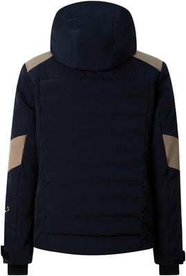 Rückansicht einer dunkelblauen Winterjacke mit beigen Details an Schultern und Ärmeln. Rückansicht einer dunkelblauen Winterjacke mit beigen Details an Schultern und Ärmeln.