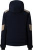 Rückansicht einer dunkelblauen Winterjacke mit beigen Details an Schultern und Ärmeln.
