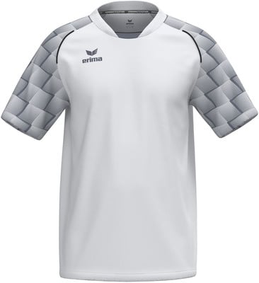 Weißes Sport-T-Shirt mit grauem geometrischem Muster auf den Ärmeln und Erima-Logo.