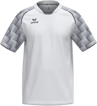 Weißes Sport-T-Shirt mit grauem geometrischem Muster auf den Ärmeln und Erima-Logo.