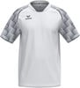 Weißes Sport-T-Shirt mit grauem geometrischem Muster auf den Ärmeln und Erima-Logo.