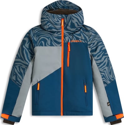 Blaue Skijacke mit orangefarbenen Reißverschlüssen und Muster Blaue Skijacke mit orangefarbenen Reißverschlüssen und Muster